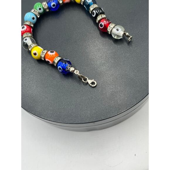 Sterling Silver Evil Eye Multicolor Glass Beads Rhinestone Protection Bracelet - Picture 8 of 10
